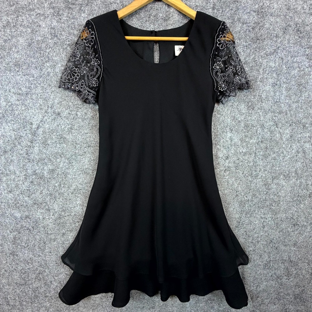 Jeffrey & Dara Dress Womens S Black Dark Fairy Sequin Lace Sleeve Fit & Flare‎
